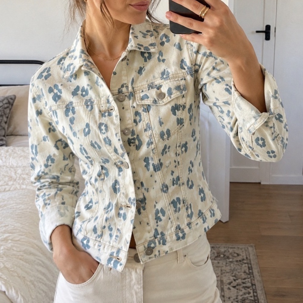 VTG‎ Krizia Jeans Italy Leopard Animal Print Stretch Denim Jacket 6 boho